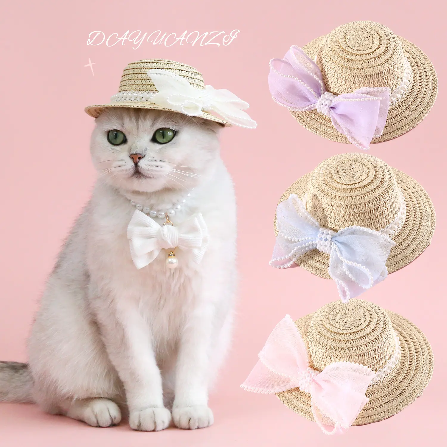 Pet Cat Lady Straw Hat Pearl Bow