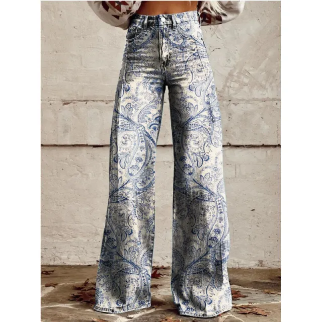 Fashion Women's Printed High Waist Loose Thin Imitation Denim Wide Leg Pants Style8 4Xl - Shop at LoveMi