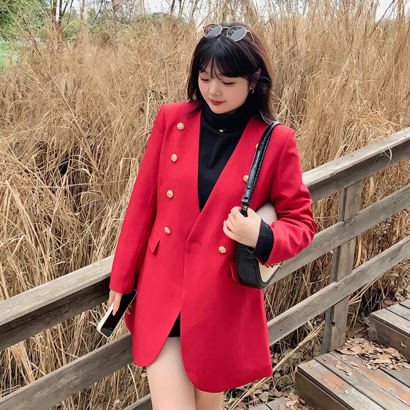 Autumn Large Size Women's Collarless Double-breasted Suit