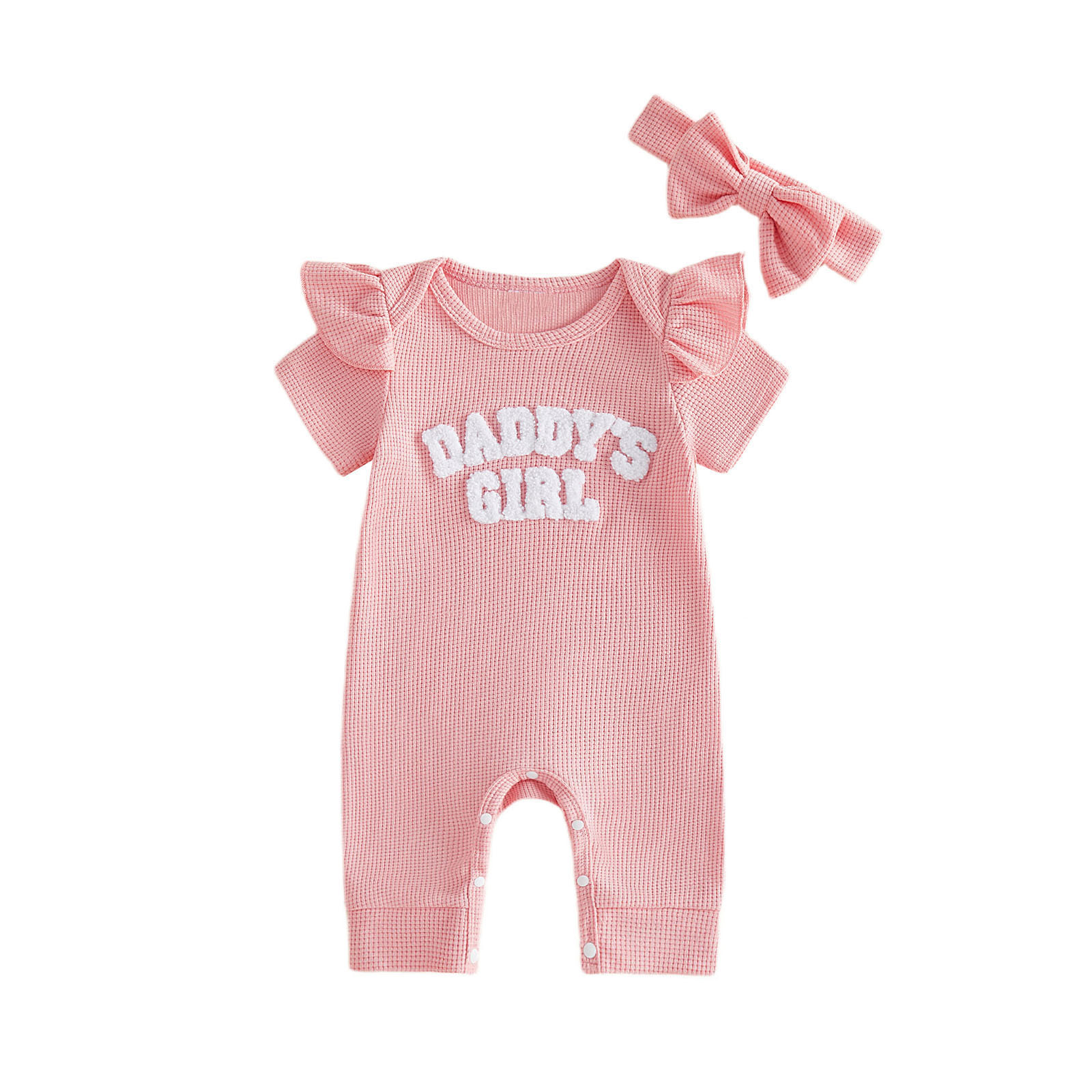 Waffle-Print Flutter-Sleeve Onesie Headband Two-Piece Set For Baby Girls