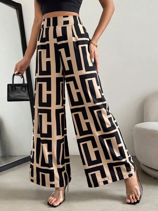 Irregular Copywriting Loose High Waist Wide Leg Casual Trousers Brown - Shop at LoveMi