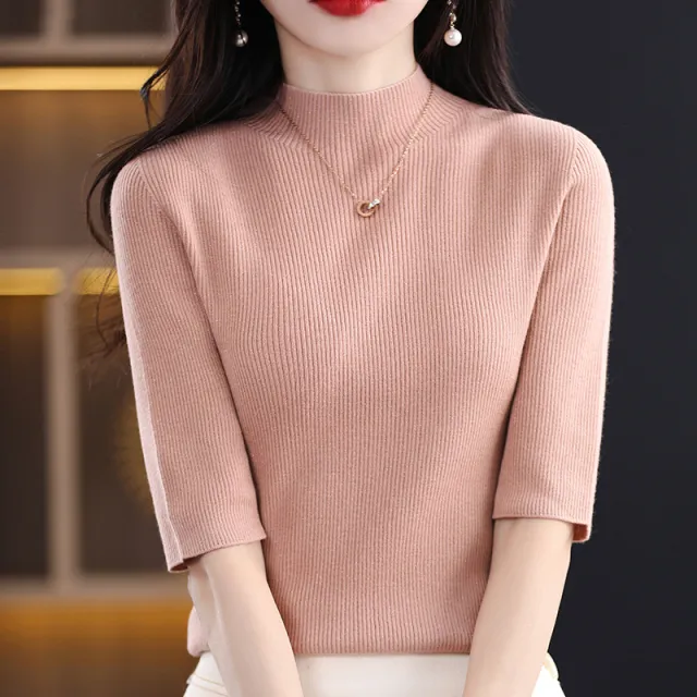 Spring New Half Turtleneck Half Sleeve Women's Bottoming Sweater Pink - Shop at LoveMi