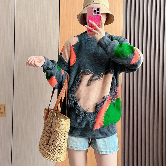 Women's Loose Pullover Multicolor Idle Style Autumn Top Multicolor - Shop at LoveMi