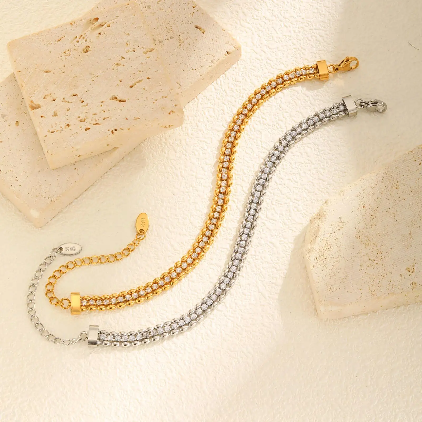 Fashion Stainless Steel Double Row Olive Beads White Zircon Bracelet