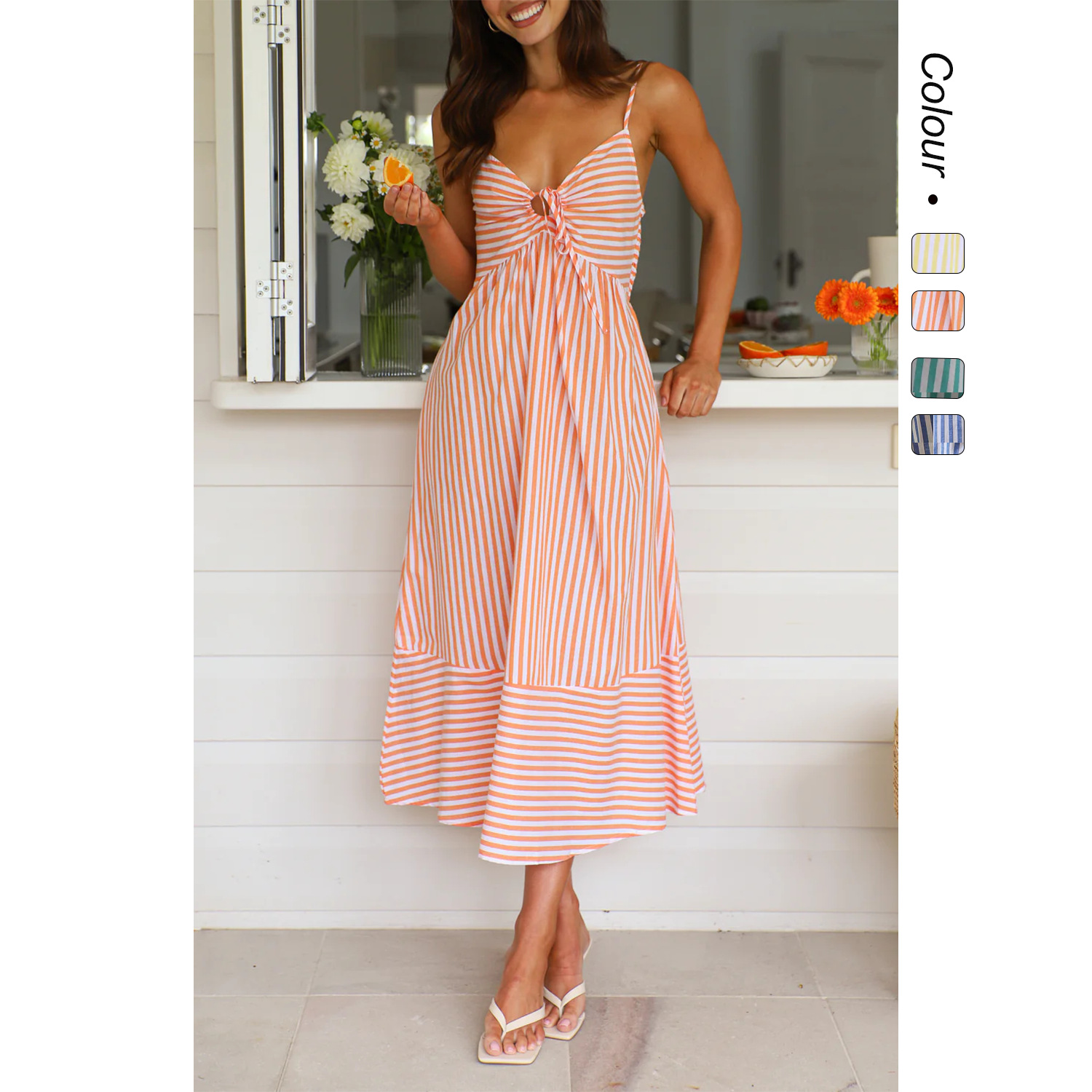 Women's V-neck Striped Spaghetti Straps Dress