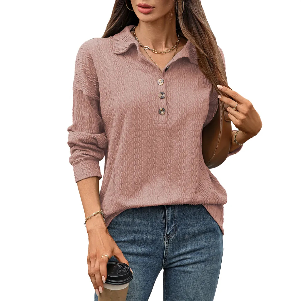 Solid Color Polo Collar Button Loose Long Sleeve Sweatershirt - Pink Color