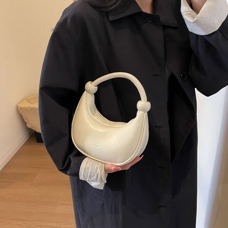 Women's Shoulder Messenger Soft Leather Portable Moon Bag - Beige