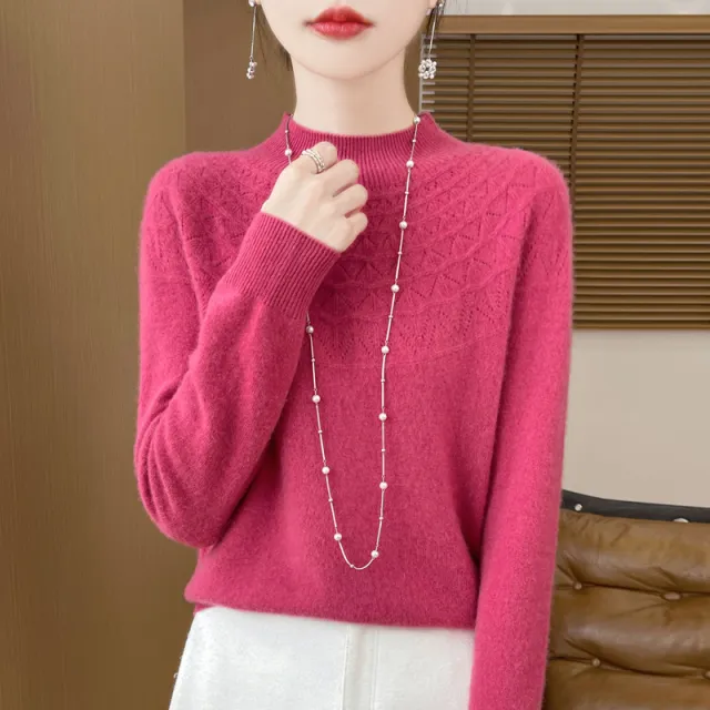 Front Line Ready made Garments Half collar Wool Sweater Women's Inner Wearing Hollow out Loose Knitted Base Raspberry Color - Shop at LoveMi