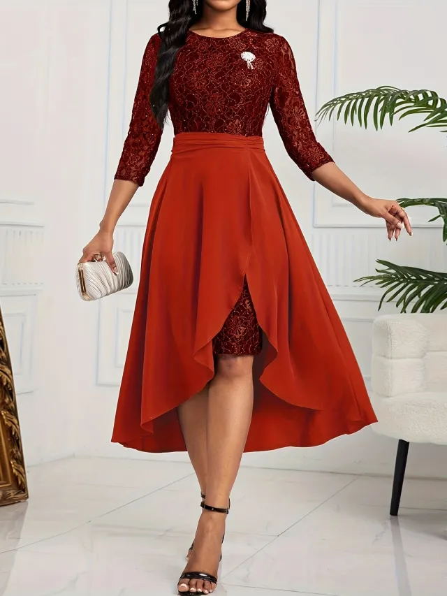 Women's Solid Color Lace Stitching Casual Dress Red - Shop at LoveMi