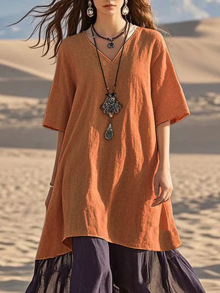 Casual V neck Short sleeve Color block Solid Women's Dress Orange Red - Shop at LoveMi