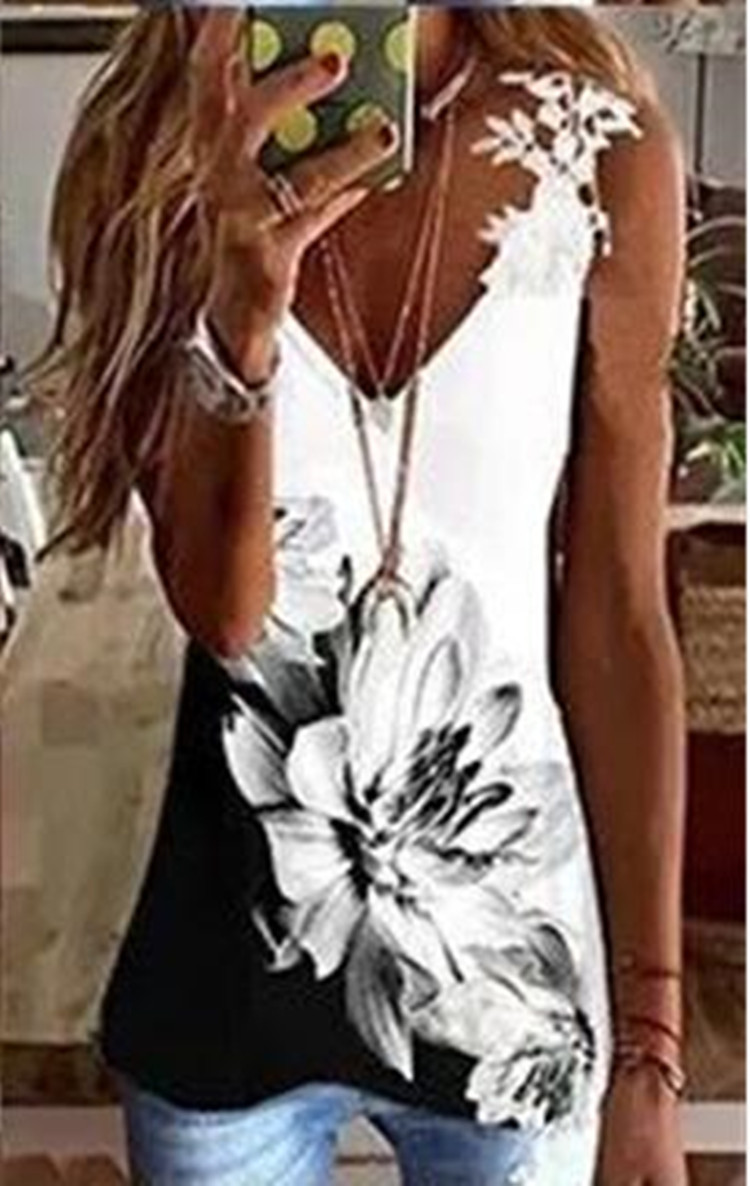 Women's Summer New Lace Sleeveless V neck Printed Camisole Flower 3Xl - Shop at LoveMi