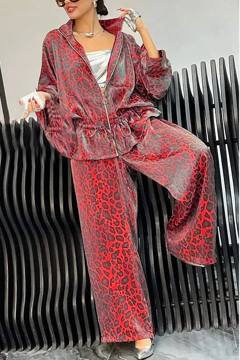 European And American Lapel Waist Drawstring Long Sleeve Leopard Print Casual Suit Wine Red - Shop at LoveMi