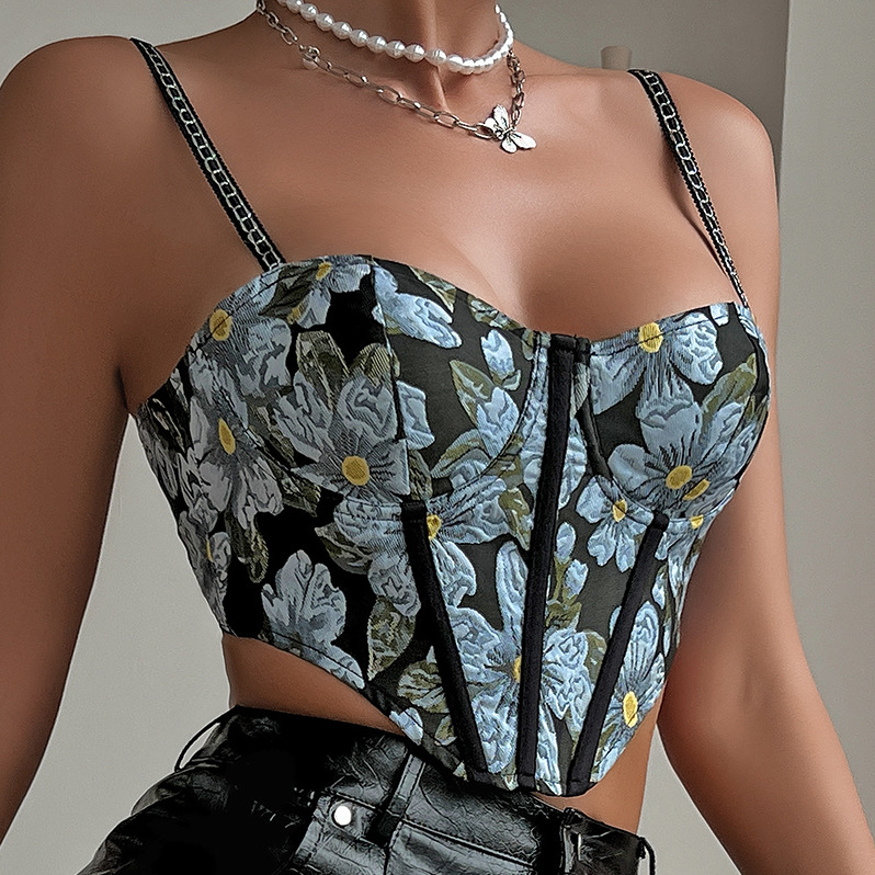 European And American Sexy Flowers Printed Knotted Short Navel Steel Ring Camisole