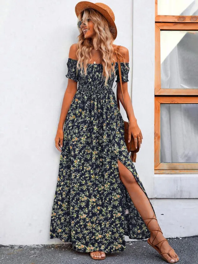 Bohemian Off shoulder Small Floral Dress Navy Blue - Shop at LoveMi