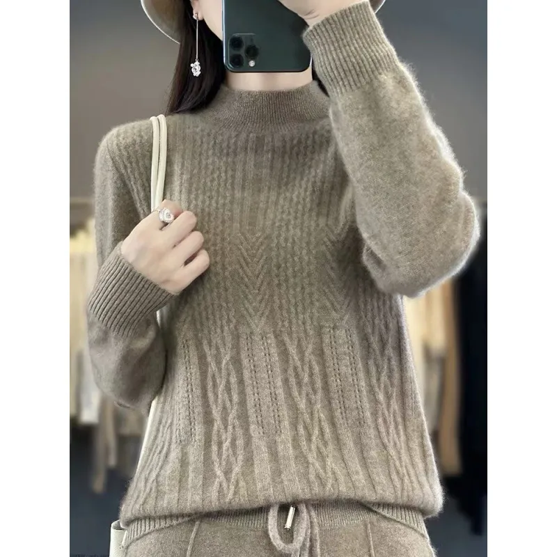 Autumn And Winter Mock Neck Sweater Fashion Pullover Solid Colour Sweater - Deep Camel