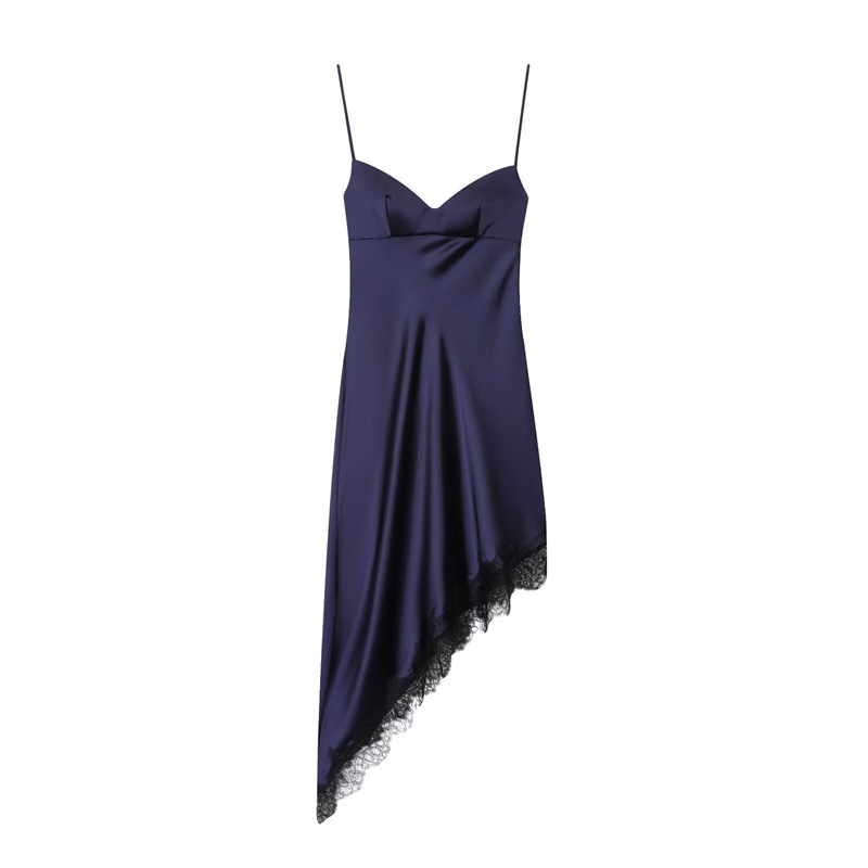 Women's Fashionable Casual Lace Asymmetric Dress Navy - Shop at LoveMi