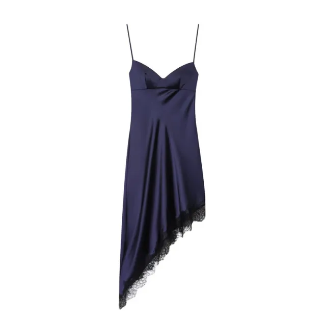 Women's Fashionable Casual Lace Asymmetric Dress Navy - Shop at LoveMi