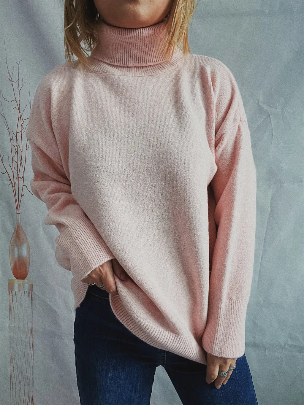 Top Solid Color Turtleneck Long Sleeve Sweaters Pullover Women - Lotus Root-S