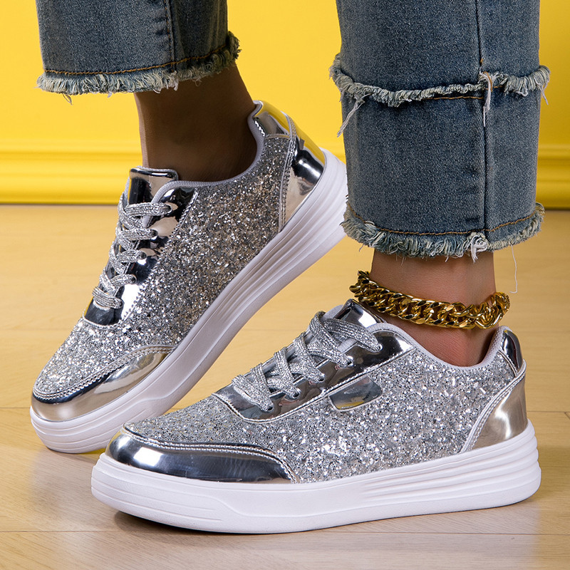 Women's Casual Plus-Size Lace-Up Glittery Sneakers