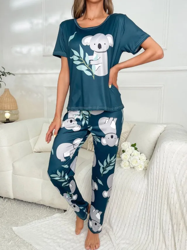 Home Round Neck Printed Short Sleeve T shirt Top And Trousers Suit Floral 6 - Shop at LoveMi