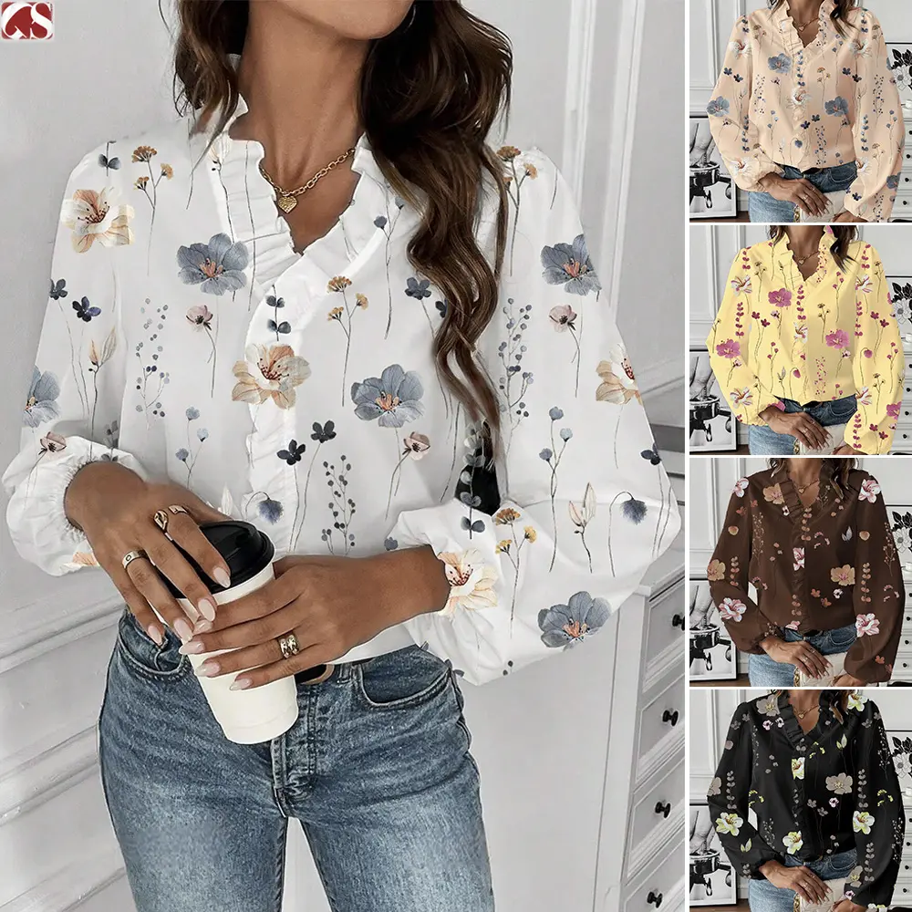 Long-sleeved Shirt With Ruffled Hem And V-neck