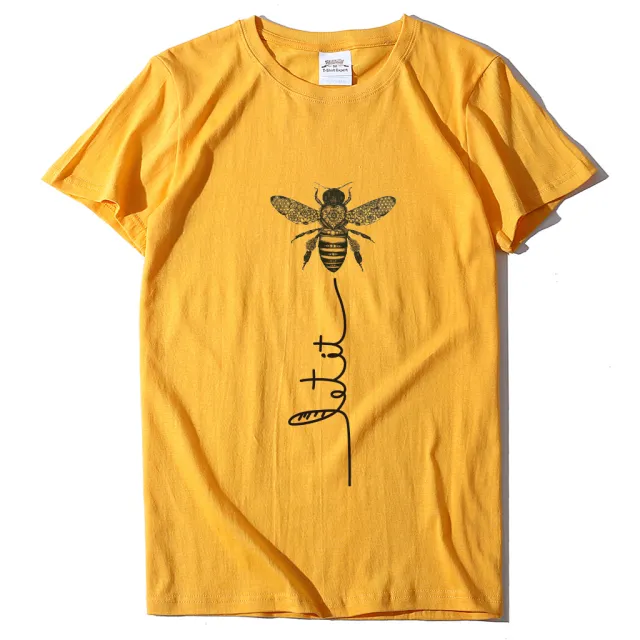 Bee And Letter Print Pattern Women's Loose T shirt Yellow - Shop at LoveMi