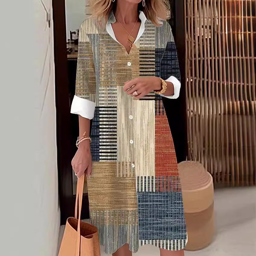 Casual Printing Lapel Long Sleeve Button Irregular Shirt Dress