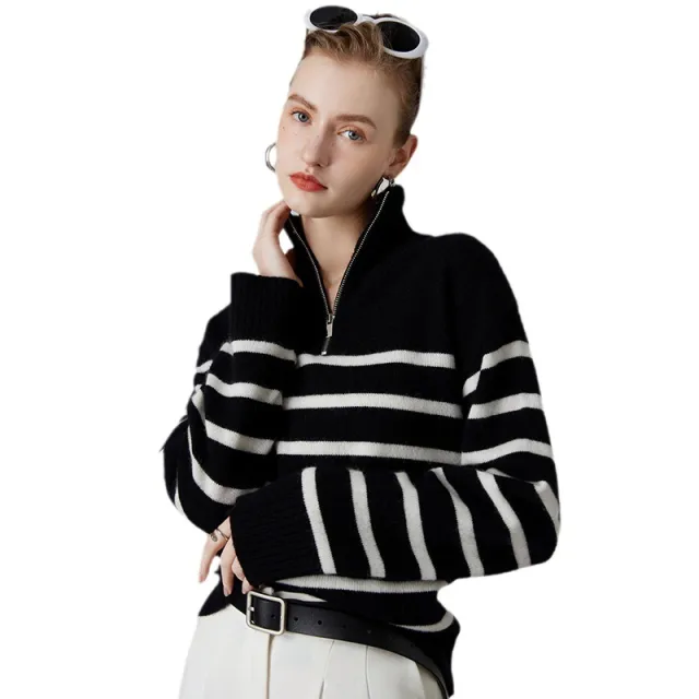 Women's Thick Black And White Striped Zipper Turtleneck Cashmere Sweater Black - Shop at LoveMi