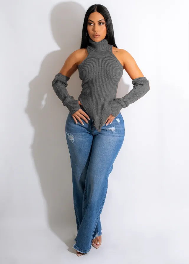 Autumn And Winter Knitting Hand Crochet Turtleneck Fake Sleeve Finger Hole Irregular Top Gray - Shop at LoveMi