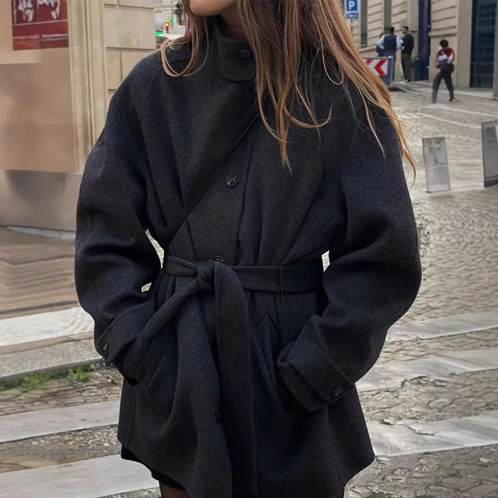 Womens Wool Coat With Belt Mock Neck
