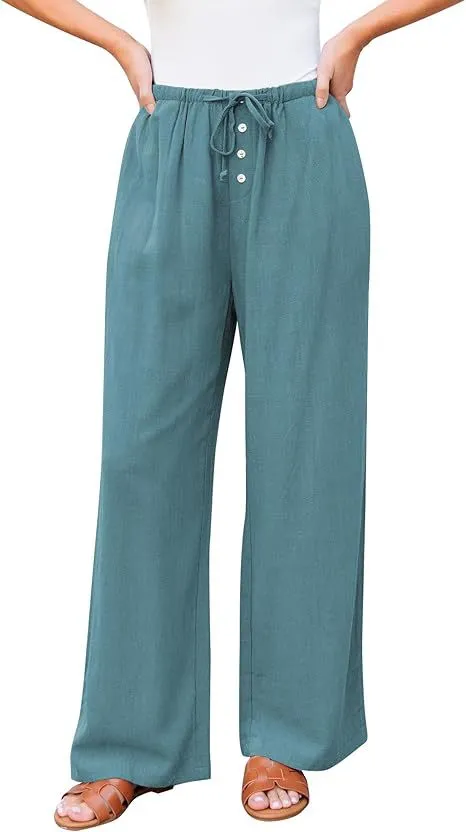 High Waist Button Drawstring Loose Casual Summer Wide leg Pants With Pockets Peacock Blue - Shop at LoveMi