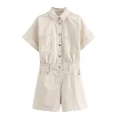 Lapel Multi-colour Short Sleeve Denim Jumpsuit - Creamy White - View 1