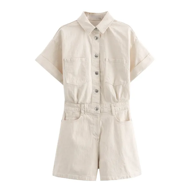 Lapel Multi color Short Sleeve Denim Jumpsuit Creamy White - Shop at LoveMi