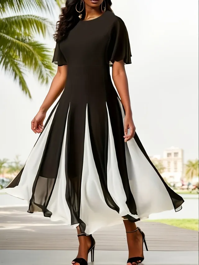 Contrast color Chiffon Stitching Round Neck Short sleeved Large Swing Dress Spring And Summer Women's Clothing Black - Shop at LoveMi
