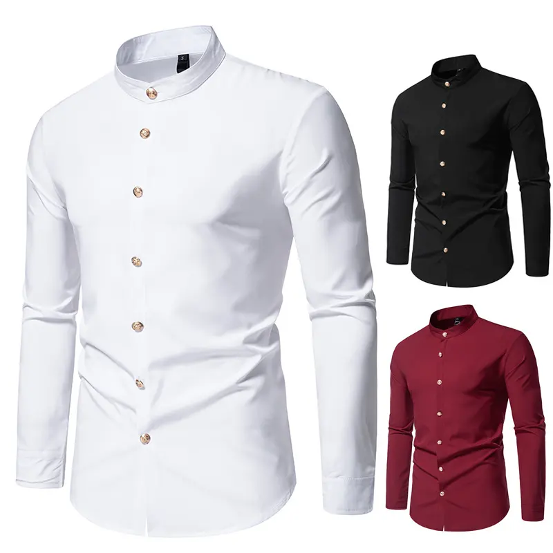Men's Fashion Solid Color Party Shirt Metal Button Long