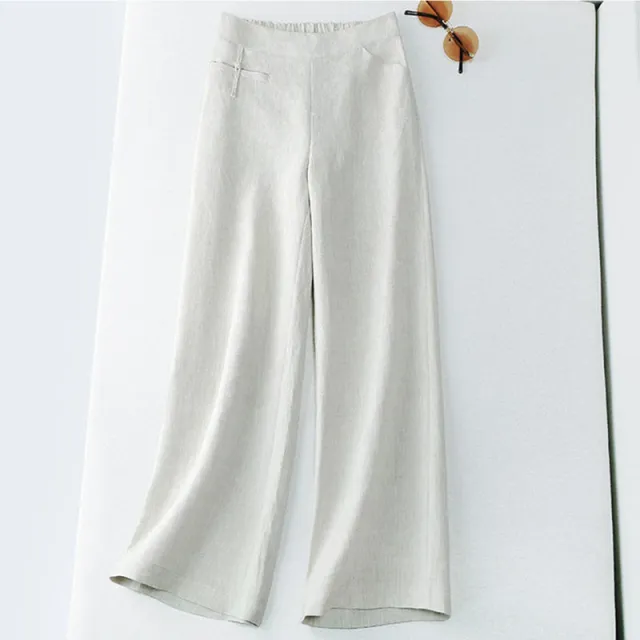 New Half Elastic High Belt Buckle Slimming Casual Cotton Linen Wide Leg Pants Apricot - Shop at LoveMi