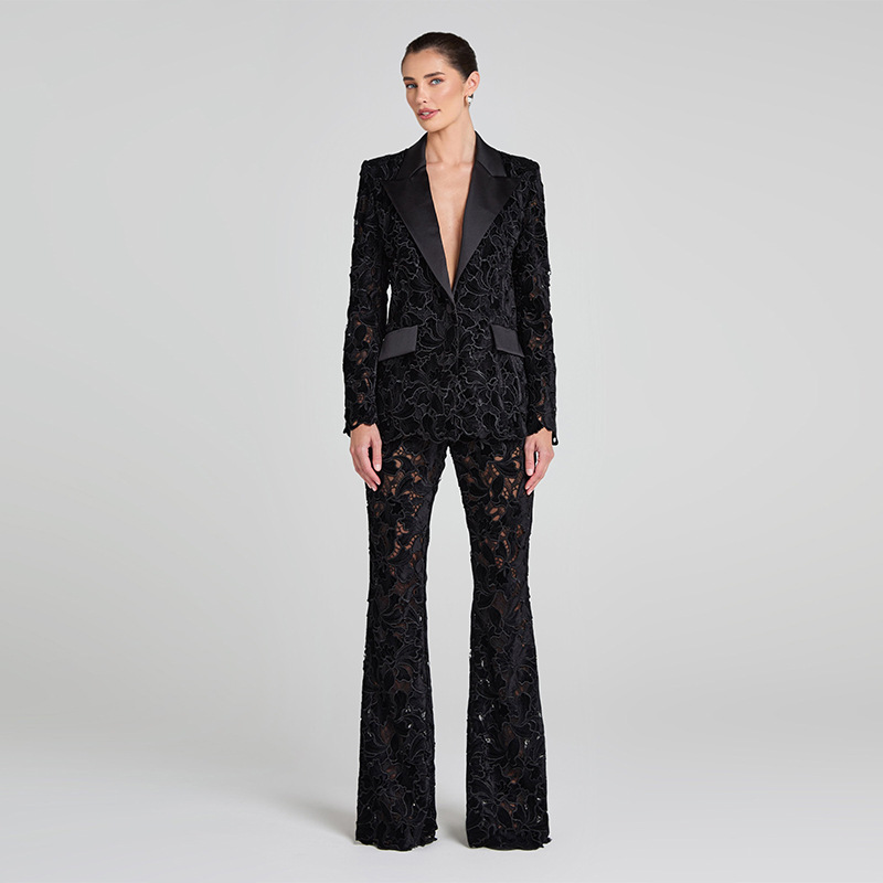 Women's Black Lace-embroidered Suit Set