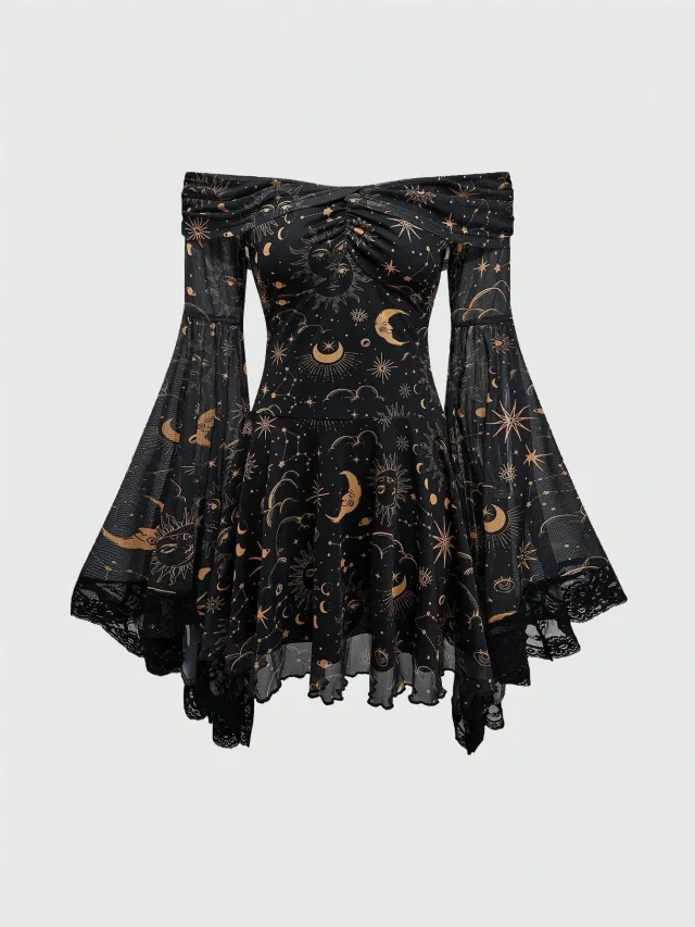Off the shoulder Short Sleeve Flared Sleeves Mesh A Line Dress Black Gold - Shop at LoveMi