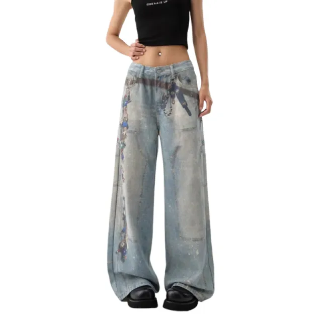 Women's American style Retro 3D Printed Washed Wide leg Pants Retro Blue - Shop at LoveMi