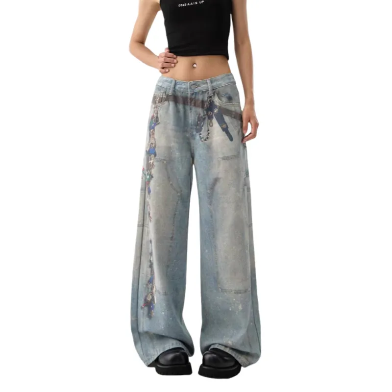Women's American-style Retro 3D Printed Washed Wide-leg Pants - Retro Blue