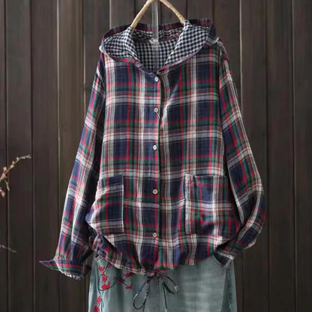 New Korean style Oversized Artistic Retro Casual Plaid Cotton linen Double layer Shirt With A Hood Color10 Free Size - Shop at LoveMi