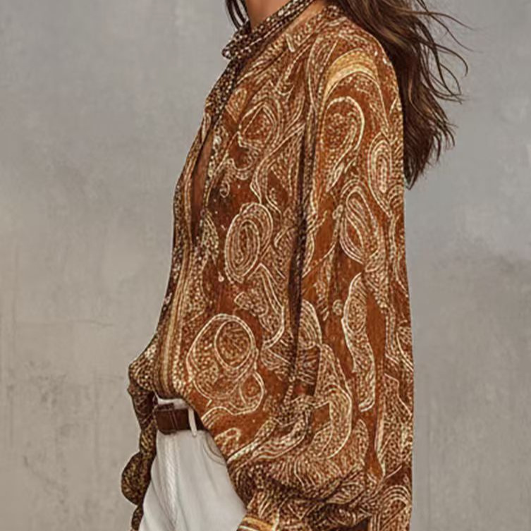 New Versatile Retro-print Long-sleeve Loose-fit Blouse, Womens Shirt