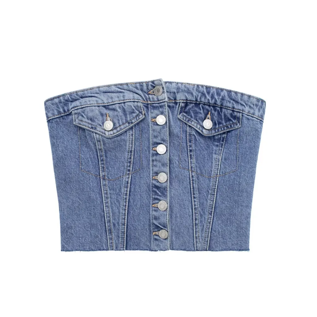 Women's Tube Top Button Denim Vest - Blue