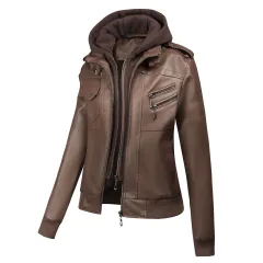 Large Size Women's Artificial Leather Women's Motorcycle Jacket American Style - Brown - View 1