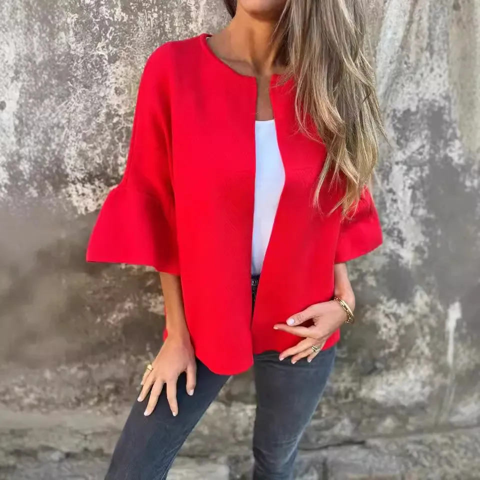 Fashion European And American Style Round Neck 34 Sleeves Short Cardigan