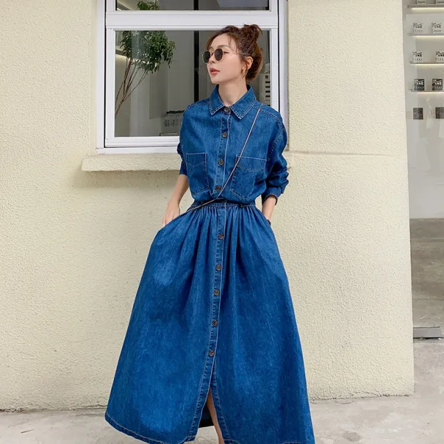 Plus Size Dress High Waist Western Style Slimming Denim Blue - Shop at LoveMi