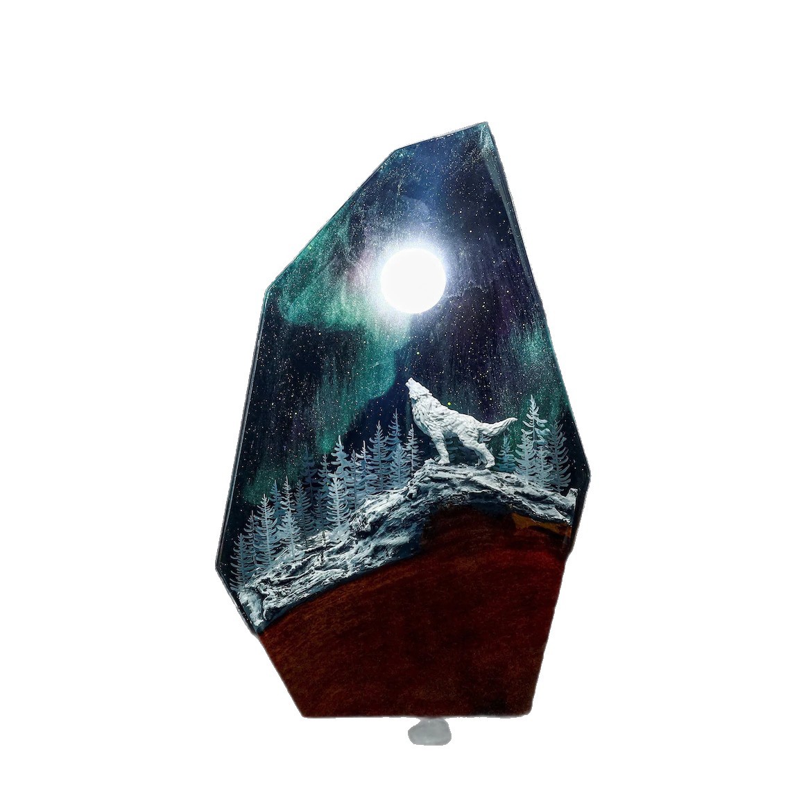 Aurora Snow Wolf Lamp Epoxy Resin Wood