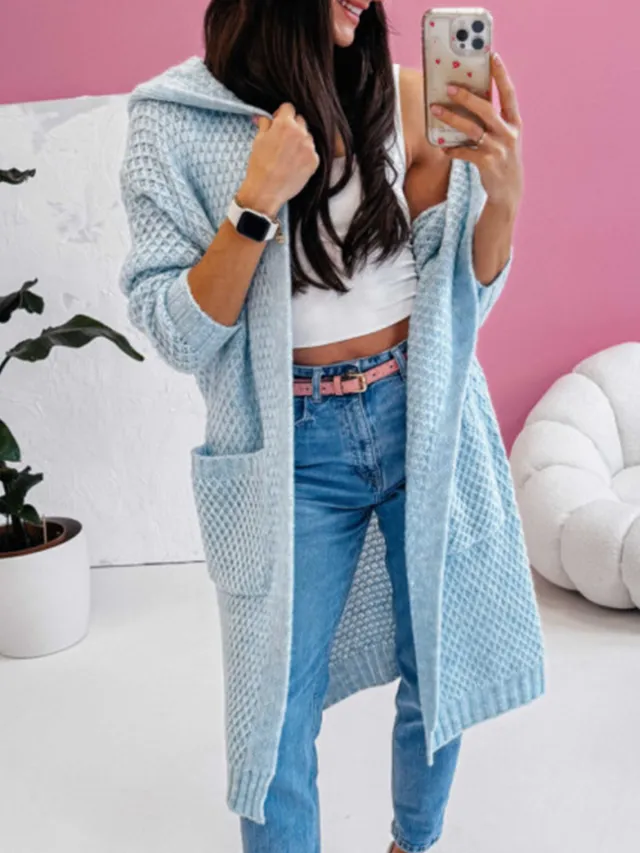 Loose Hooded Long Pocket Knitted Cardigan Jacket Blue - Shop at LoveMi