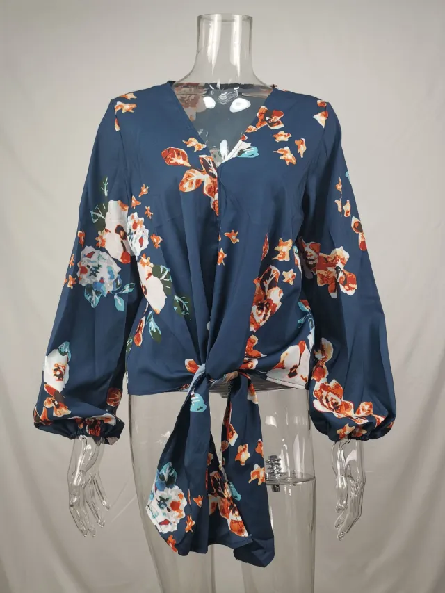 Fashion Shirt V neck Long Sleeve Knotted Vintage Print Top For Women Orange - Shop at LoveMi