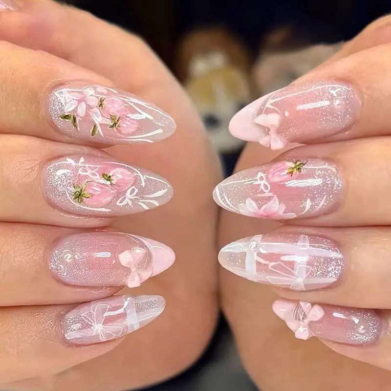 3D Cat-eye Candy-pink French-style Strawberry Nail Tips